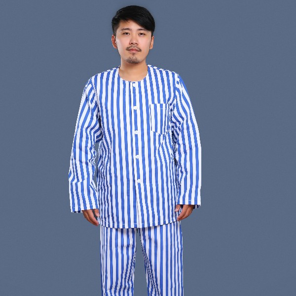 藍(lán)白條紋無(wú)領(lǐng)病號(hào)服